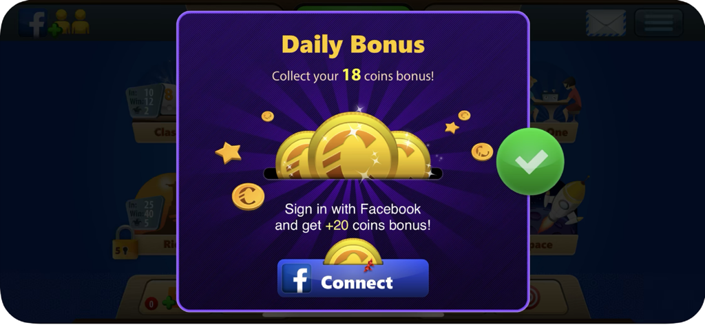 Rummy World - Rummy World daily bonus pop up showing coin rewards and Facebook connect option