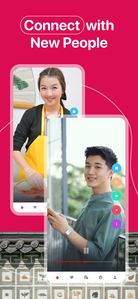 K-Dating: Korean Dating & Chat - K-Dating app interface showing video-first user profiles and the text Connect with New People.