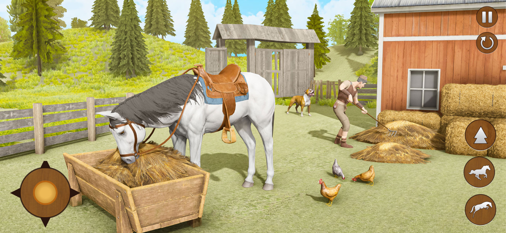 Horse Simulator Riding Games - Una simulación 3D de un caballo blanco ensillado comiendo de un comedero en un patio de granja junto a un granero rojo.