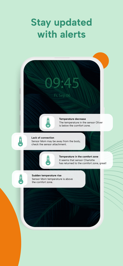 Warmie sensor - Smartphone screen showing real-time temperature notifications and connection alerts from the Warmie sensor app