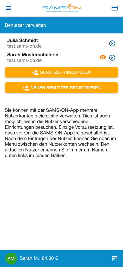 Pantalla de la aplicación móvil SAMS-ON que muestra la gestión de múltiples cuentas de usuario y la información del saldo actual