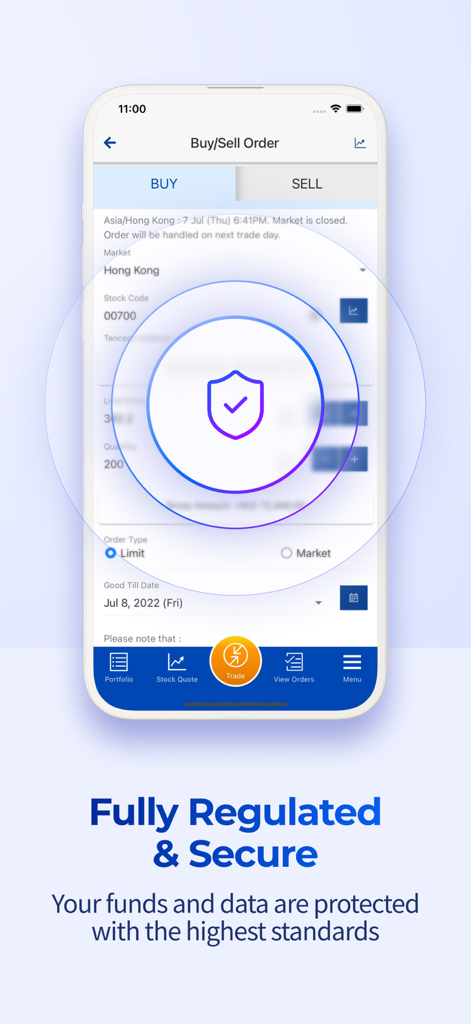 BOOM Mobile Trading - BOOM Mobile Trading app interface highlighting security and regulation with a buy sell order screen