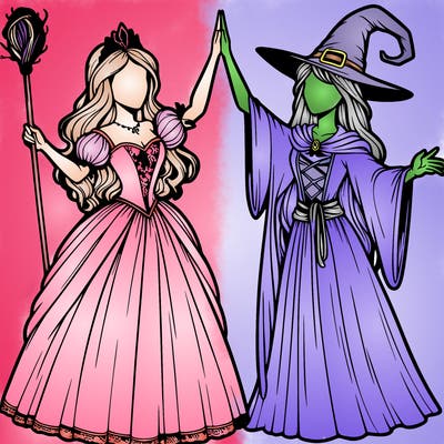 detailed realistic split of a princess and a witch