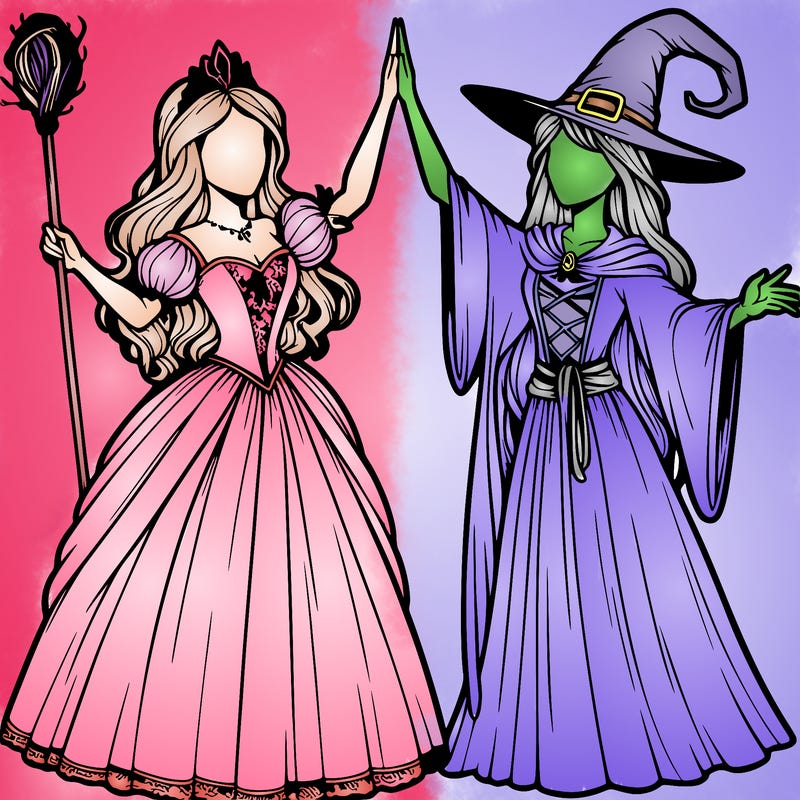 detailed realistic split of a princess and a witch