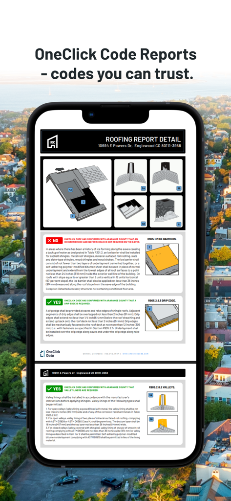 OneClick Code - Building Codes - A professional roofing report detail on a mobile screen showing building code requirements and diagrams.