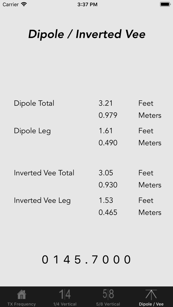 Antenna calculator screen showing dipole and inverted vee measurements in feet and meters
