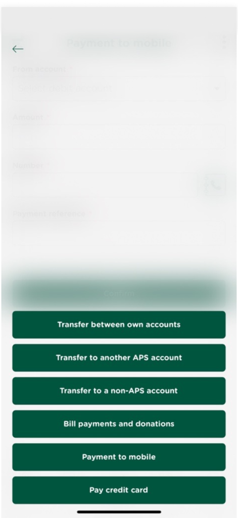 Transaction and transfer options menu in the myAPS mobile banking app