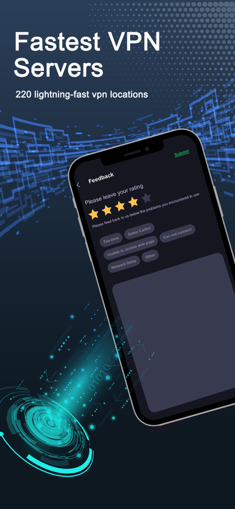 iPhone screen displaying the feedback and rating interface of the VPN Fastest VPN Hotspot Pro app with a background highlighting fast server locations.