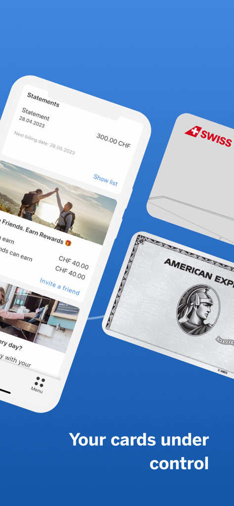 Swisscard app interface showing financial statements and credit card management on a blue background