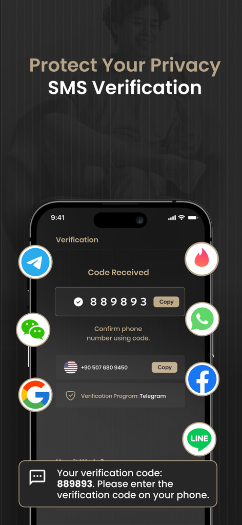 2nd Line+ Second Phone Number - A smartphone interface showing a received SMS verification code for apps like Telegram and WhatsApp to protect user privacy.