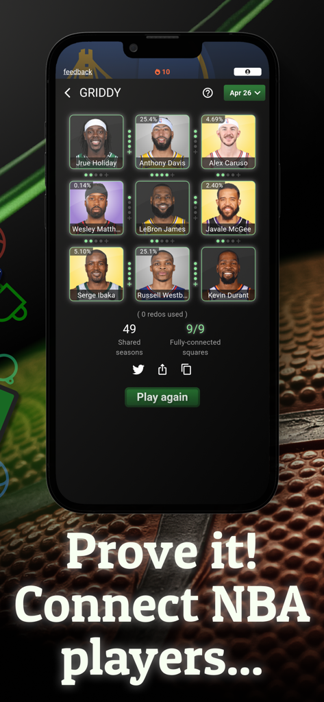 A 3x3 grid of NBA players in the Griddy trivia mode of the Dribble Game app.