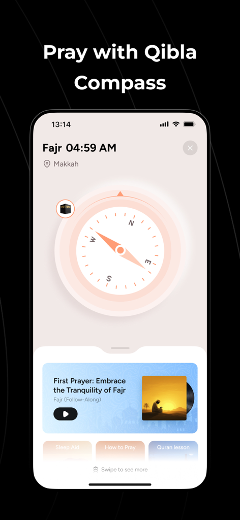 Hajo - Quran, Prayer & Hajj - A smartphone screen displaying the Hajo app Qibla compass and Fajr prayer time
