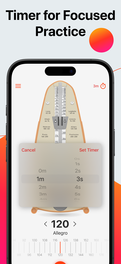 Metronome Beats: Pulse & Tempo - Metronom Beats App-Oberfläche mit der Übungs-Timer-Funktion im Design eines Vintage-Mechanik-Metronoms