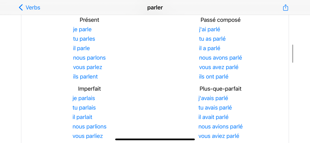 Conjugaison Française - Una tabla que muestra la conjugación del verbo francés parler en presente y pasado dentro de la aplicación.
