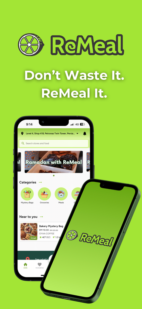 The ReMeal app interface displaying discounted surplus food and mystery bags on a green background.