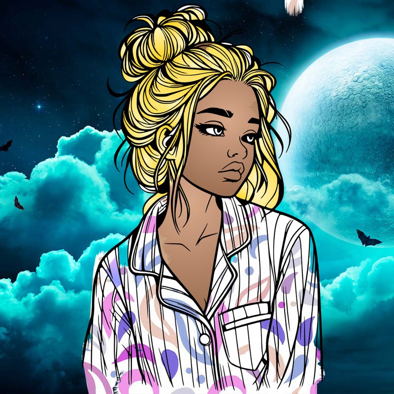 realistic woman with pajamas on and a messy bun