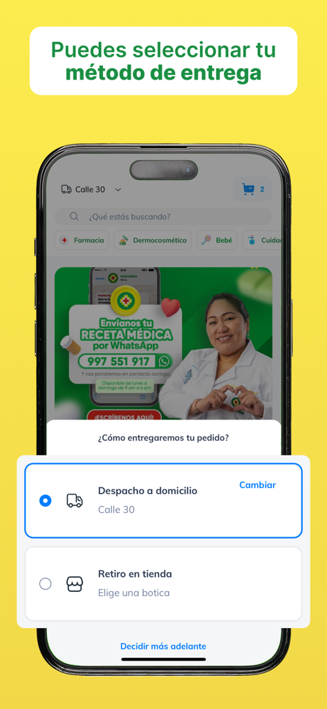 Interface do aplicativo Inkafarma Movil para selecionar entrega em domicílio ou retirada na loja