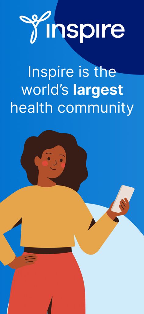 An illustration of a woman using a smartphone with text describing Inspire as the worlds largest health community
