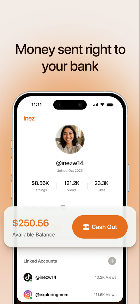 Relay app dashboard showing earnings views and a cash out button for creators