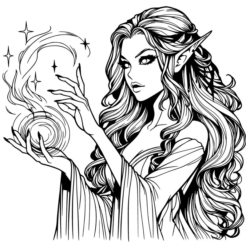 realistic scary beautiful elf sorceress casting spell