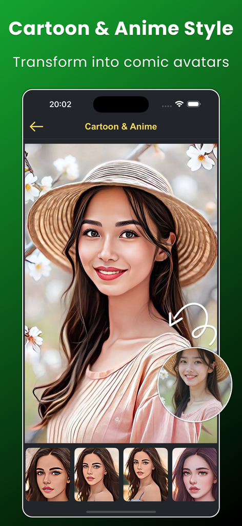 Face Over: AI Face Swap - Interface of Face Over app showing a woman portrait transformed into a cartoon style avatar using AI filters