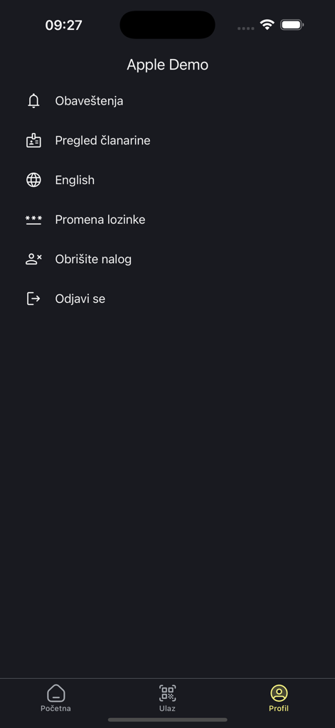 Teretana Park - Schermata delle impostazioni del profilo dell'app Teretana Park con panoramica dell'abbonamento e impostazioni dell'account