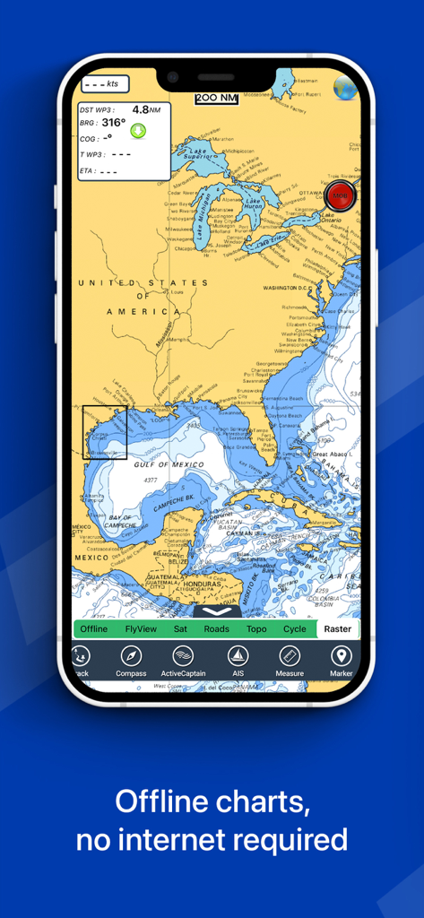 Flytomap All in One HD Charts - Flytomap app displaying a detailed nautical chart of North America and the Gulf of Mexico on an iPhone screen.