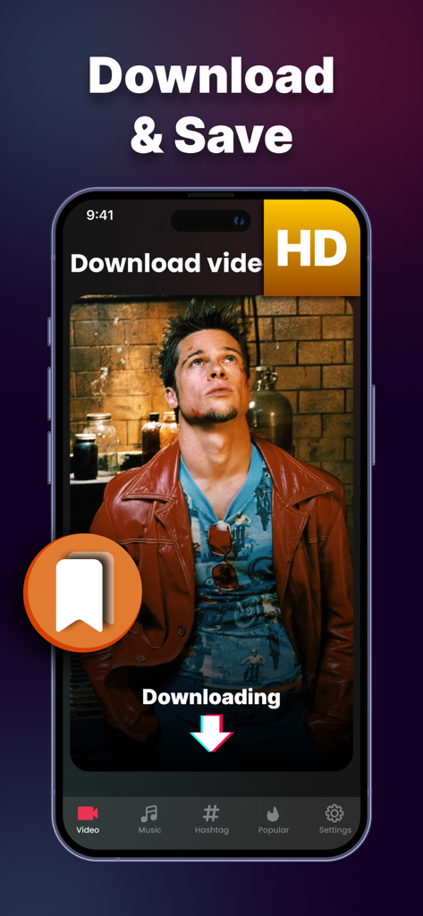 Tik Saver app interface showing an HD video downloading with a save icon