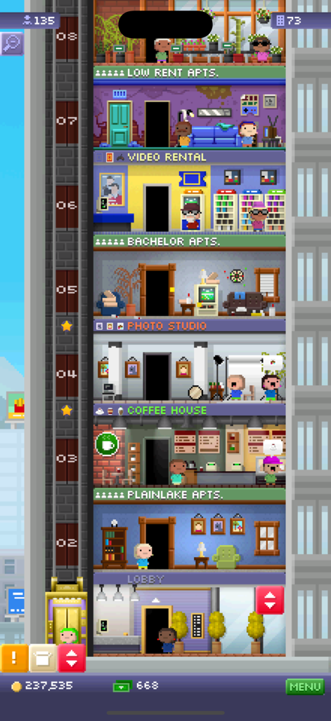 Tiny Tower Classic - A vertical view of various pixel art floors in Tiny Tower Classic including a coffee house and apartments