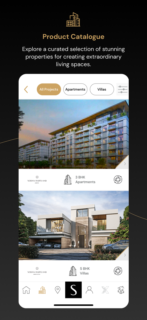ONE Sobha App - ONE Sobha App product catalogue screen featuring luxury apartments and villas