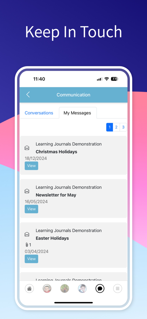 The communication screen of the Learning Journals ParentZone app displaying a list of school messages like newsletters and holiday updates.