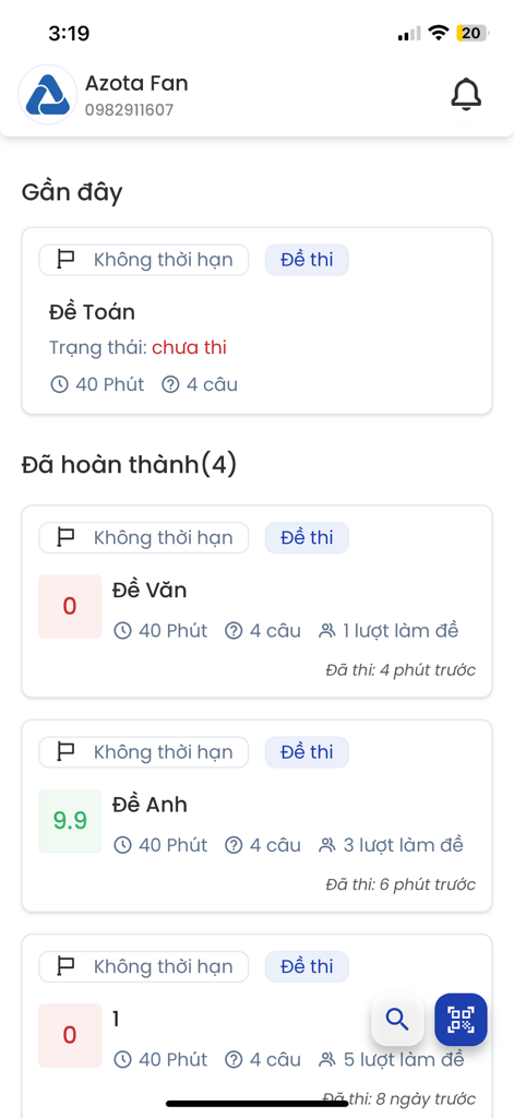 Azota Student - Azota Studentアプリのインターフェース。最近完了した試験とスコアのリストが表示されています