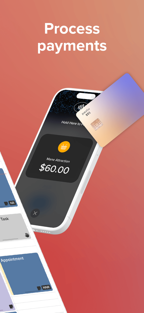 Vagaro Pro - Pantalla de la aplicación Vagaro Pro mostrando un pago de tarjeta de crédito sin contacto en un smartphone.