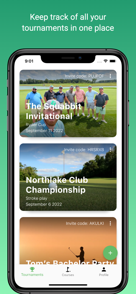 Écran mobile montrant une liste de tournois de golf dans l'application Squabbit, y compris le Squabbit Invitational et le Northlake Club Championship.