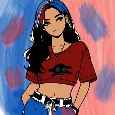 realistic girl witha crop top and baggy pants