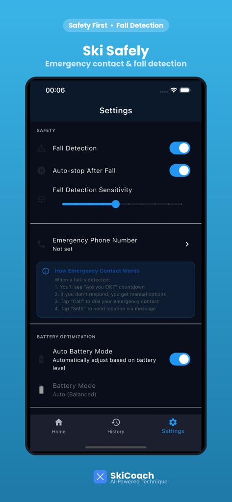 SkiCoach – AI Ski Coaching - Einstellungsbildschirm der SkiCoach-App mit Sturzerkennung und Optionen für Notfallkontakte