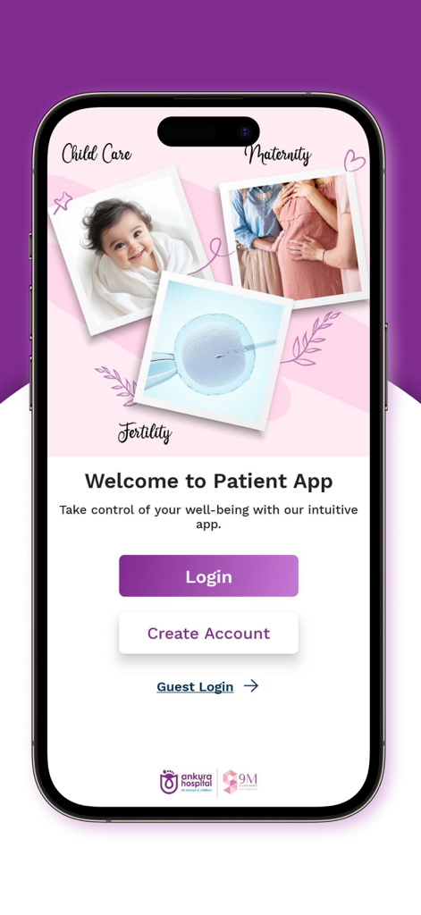 Ankura Health+ - Ankura Health plus patient app welcome screen featuring childcare maternity and fertility services with login and registration buttons