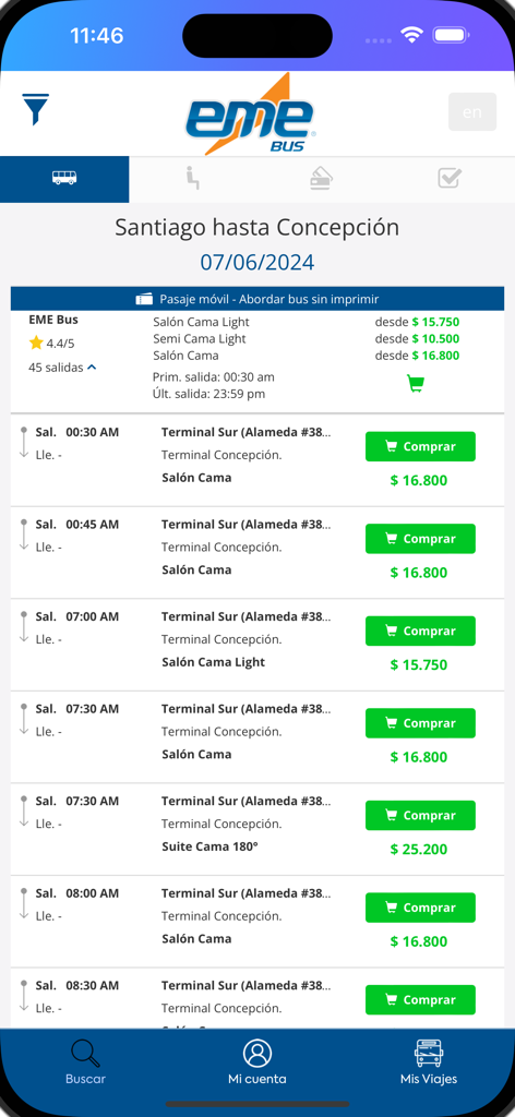 EME Bus - La aplicación EME Bus muestra los horarios de salida de autobuses y los precios de los boletos para la ruta Santiago a Concepción