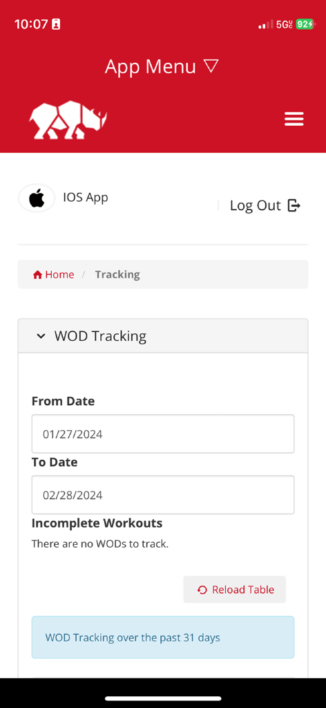RhinoFit - Mobile screen of the RhinoFit app showing the workout of the day tracking interface with date range filters