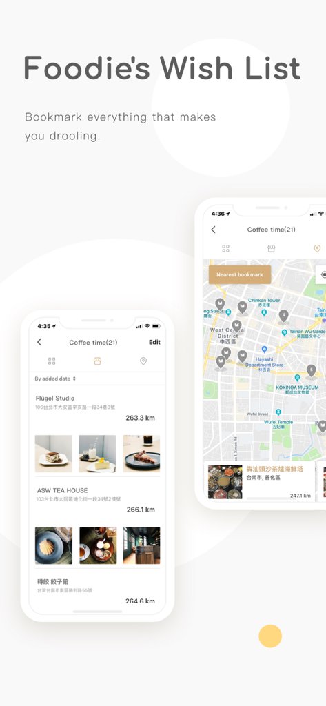 MENU - Eat Like Local Foodies - Capturas de pantalla de la aplicación MENÚ mostrando la función Lista de Deseos Foodie con marcadores de restaurantes y un mapa de ubicación.