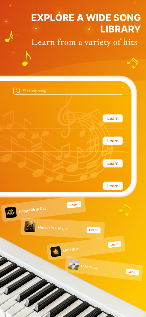 The song library screen of the Learn Piano app featuring popular hits and a virtual keyboard
