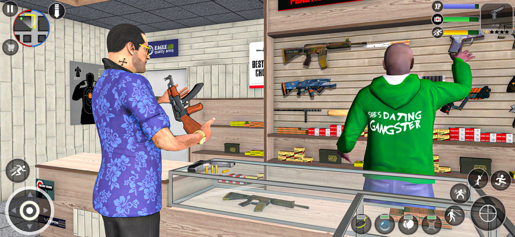 Gangster City Vegas Crime Game - Screenshot di gameplay che mostra un personaggio che seleziona armi in un negozio di armi all'interno di Gangster City Vegas Crime Game.