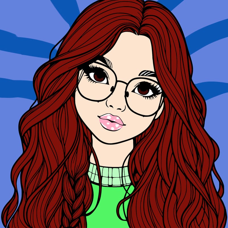 girl with long hair and freckles and glasses realistic