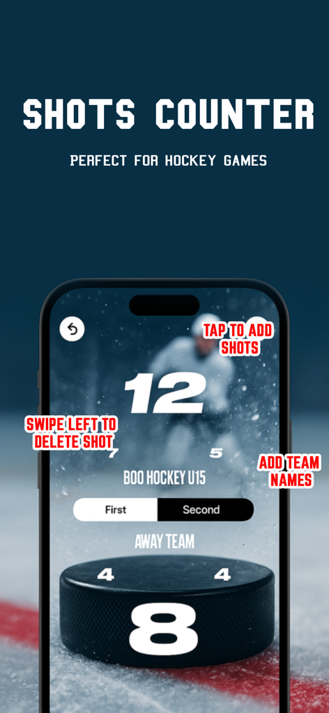 Hockey Shots Counter - Mobile app interface of Hockey Shots Counter showing large numeric shot trackers for two teams