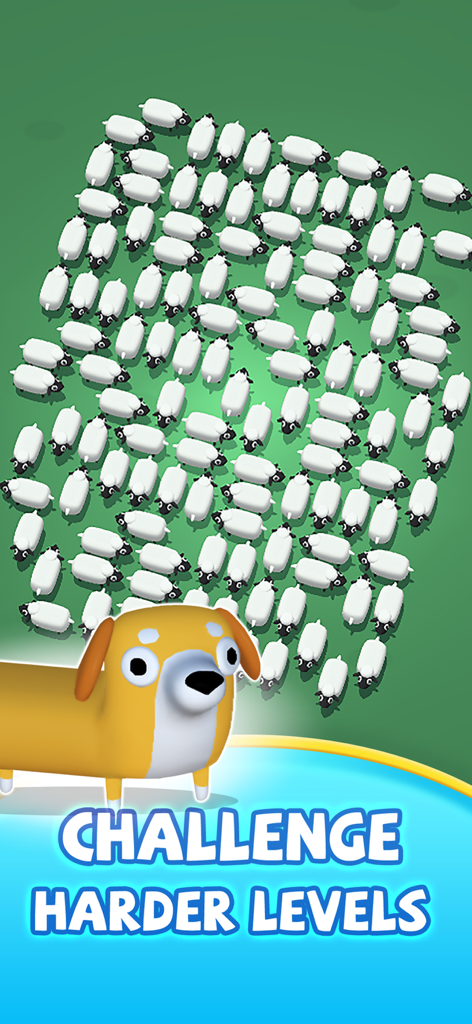 Farm Escape! - A flock of sheep and a cute cartoon dog in the Farm Escape puzzle game with text Challenge Harder Levels.