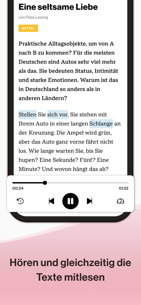 Smartphone screen displaying a German language article with an integrated audio player for simultaneous reading and listening