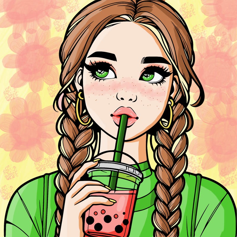 realistic girl with braided hair drinking boba