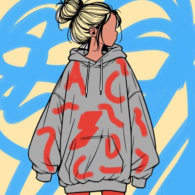 realistic girl with a oversized sweatshirt on and a bun