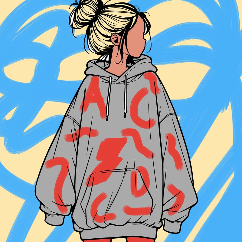 realistic girl with a oversized sweatshirt on and a bun