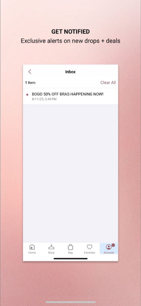 Tela do aplicativo Soma Intimates exibindo alertas exclusivos e notificações push para novos lançamentos e promoções de sutiãs